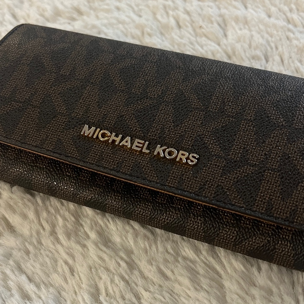 Michael Kors Dark Brown Logo Wallet with Tan Inside